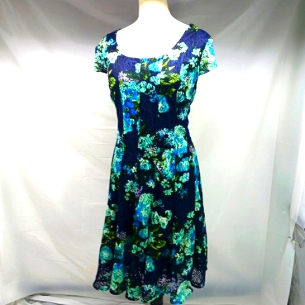 R & K Dress Size 18 W Stretch Lace Floral Dark Blue Cottagecore Romantic Midi